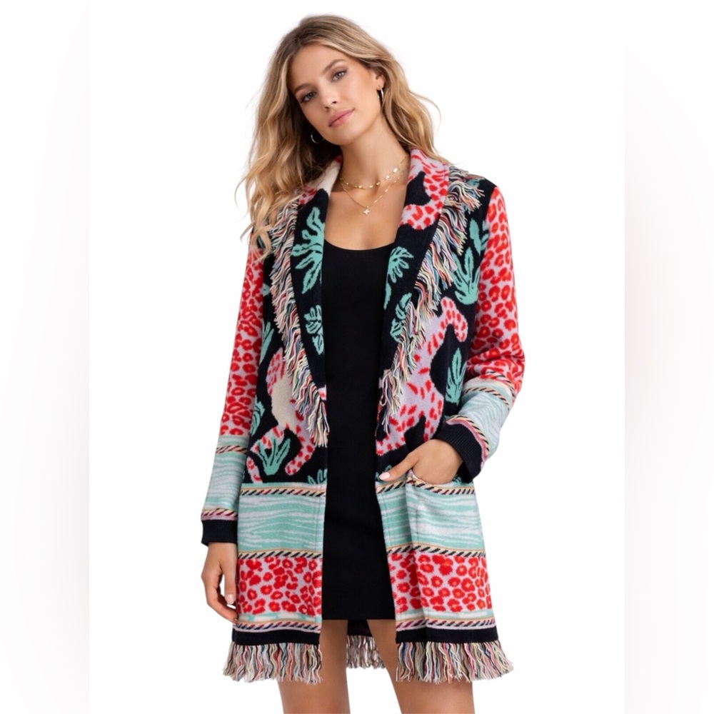 Essitam – Belted Knit Sweater Wrap Cardigan Fringe – Multicolor Pattern – Sz. S